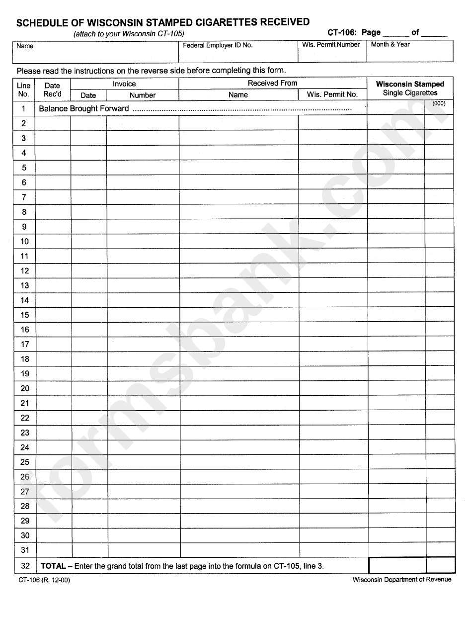 Form Ct-106 - Schedule Of Wisconsin Stamped Cigaretts Received