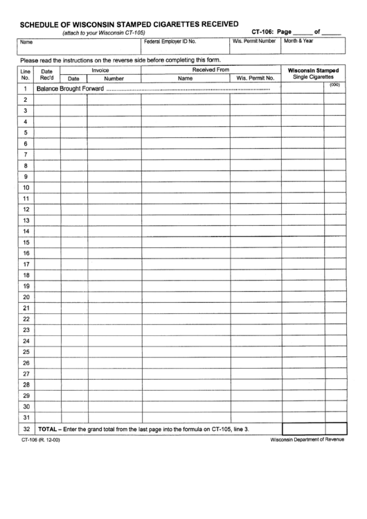Form Ct-106 - Schedule Of Wisconsin Stamped Cigaretts Received Printable pdf