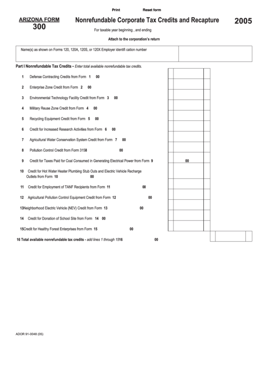 Fillable Form 300 - Nonrefundable Corporate Tax Credits And Recapture Form - Arizona Printable pdf