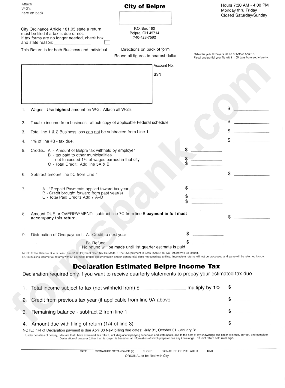Declaration Estimated Belpre Income Tax Form - City Of Belpre - Ohio
