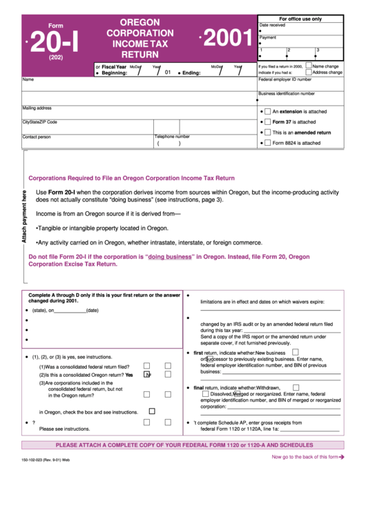 Form 20-I - Oregon Corporation Income Tax Return - 2001 Printable pdf