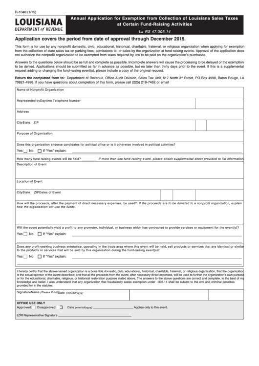 Fillable Form R-1048 - Annual Application For Exemption From Collection Of Louisiana Sales Taxes At Certain Fund-Raising Activities - 2015 Printable pdf