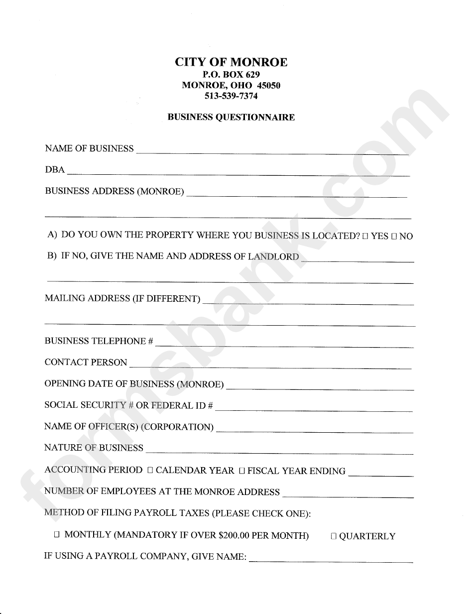 Business Questionnaire Template - City Of Monroe - Ohio