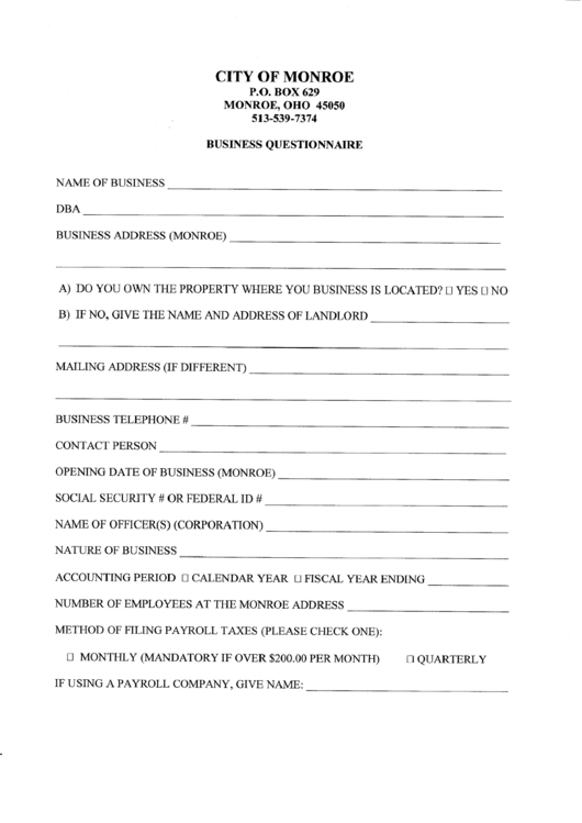 Business Questionnaire Template - City Of Monroe - Ohio Printable pdf