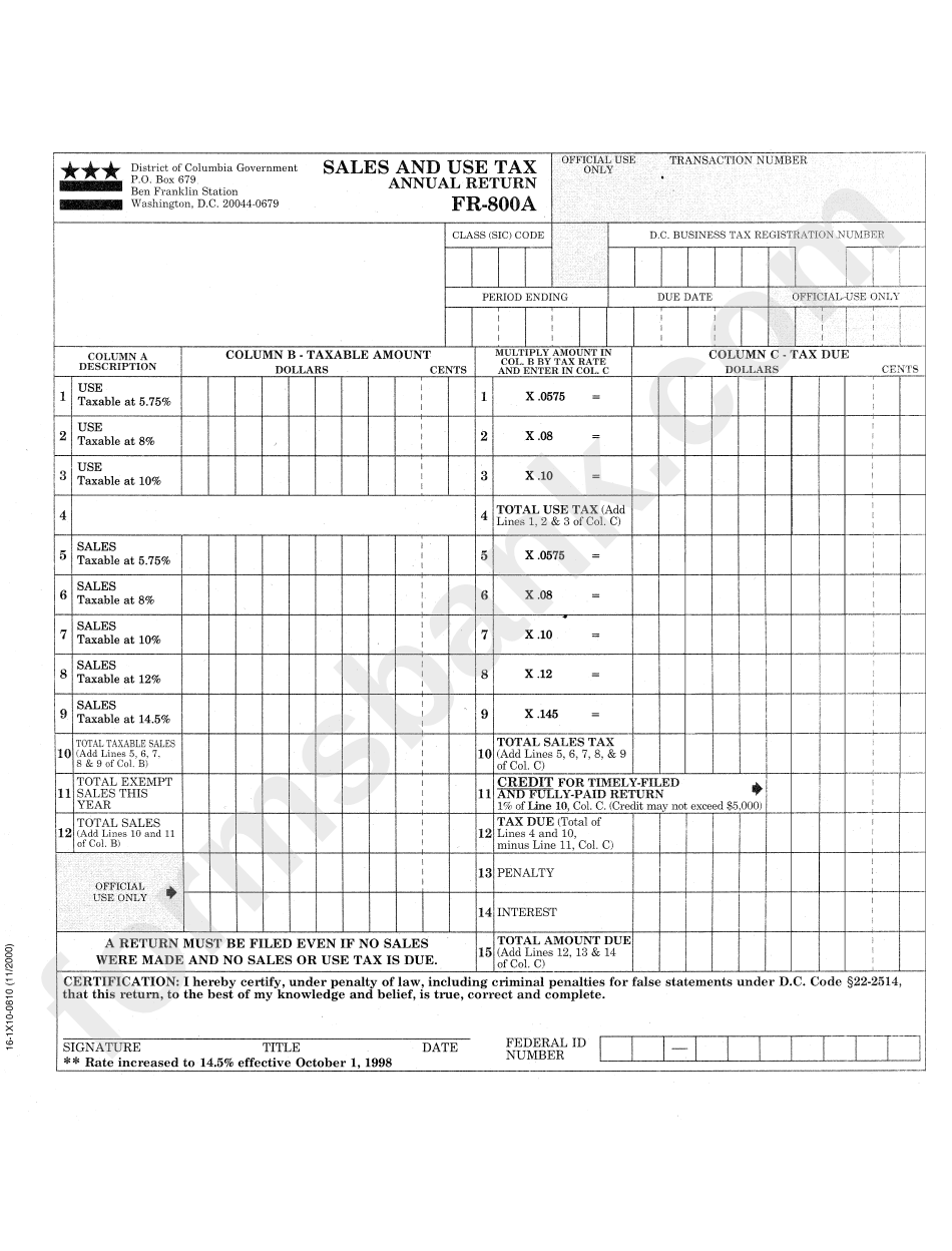 Form Fr-800a - Sales And Use Tax Annual Return - District Of Columbia Goverment