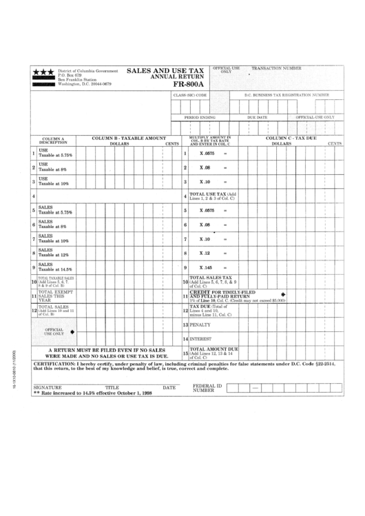 Form Fr-800a - Sales And Use Tax Annual Return - District Of Columbia Goverment Printable pdf