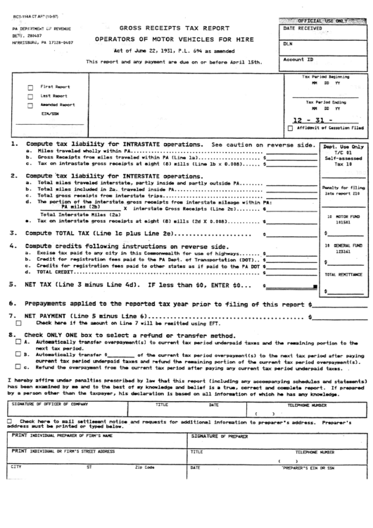 Form Rct-114a - Gross Receipts Tax Report Operators Of Motor Vehicles For Hire Form - Pa Department Of Revenue - Pennsylvania Printable pdf