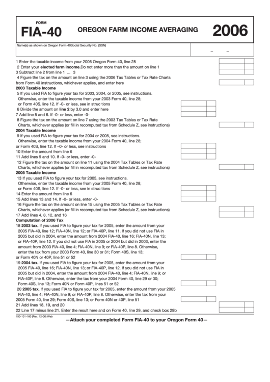 Fillable Form Fia-40 - Oregon Farm Income Averaging - Oregon Printable pdf