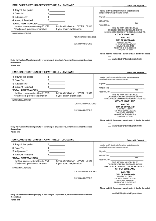 Employers Return Of Tax Withheld Voucher Form - Loveland - Ohio Printable pdf