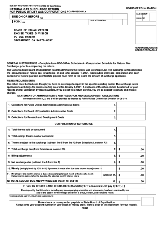 Fillable Form Boe-501-Nu - Natural Gas Surcharge Return For Public Utility Gas Corporation Printable pdf