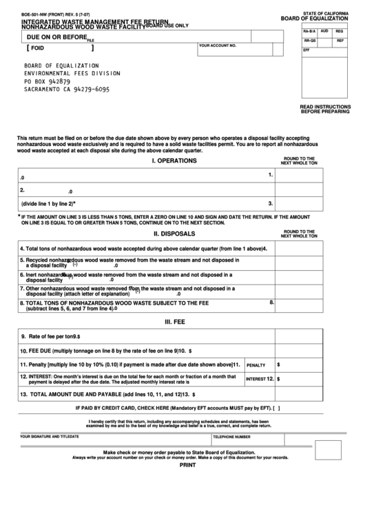 Fillable Form Boe-501-Nw - Integrated Waste Management Fee Return Nonhazardous Wood Waste Facility Printable pdf