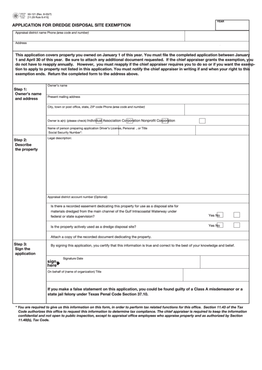 Fillable Form 50-121 - Application For Dredge Disposal Site Exemption Printable pdf