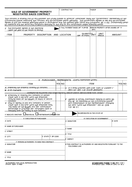 Standard Form 114e - Sale Of Government Property Negotiated Sales Contract - 1997 Printable pdf