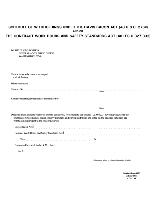 Standard Form 1093 - Schedule Of Withholdings Under The Davis-Bakon Act And/or The Contract Work Hours And Safety Standards Act - 1971 Printable pdf