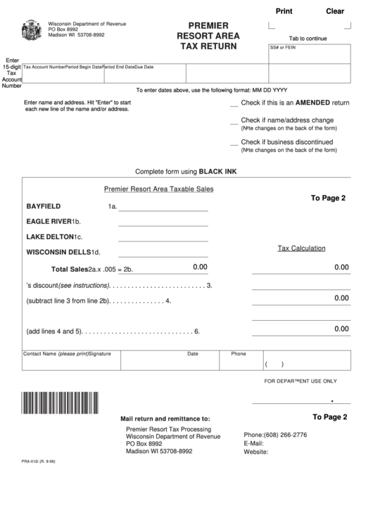 Fillable Form Pra-0121 - Premier Resort Area Tax Return Printable pdf