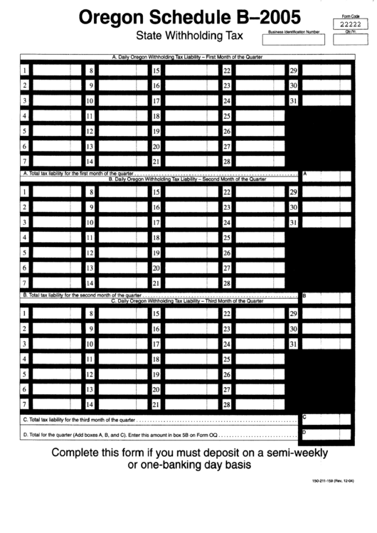 Form 22222 - Oregon Schedule B - State Withholding Tax Form - Oregon Printable pdf