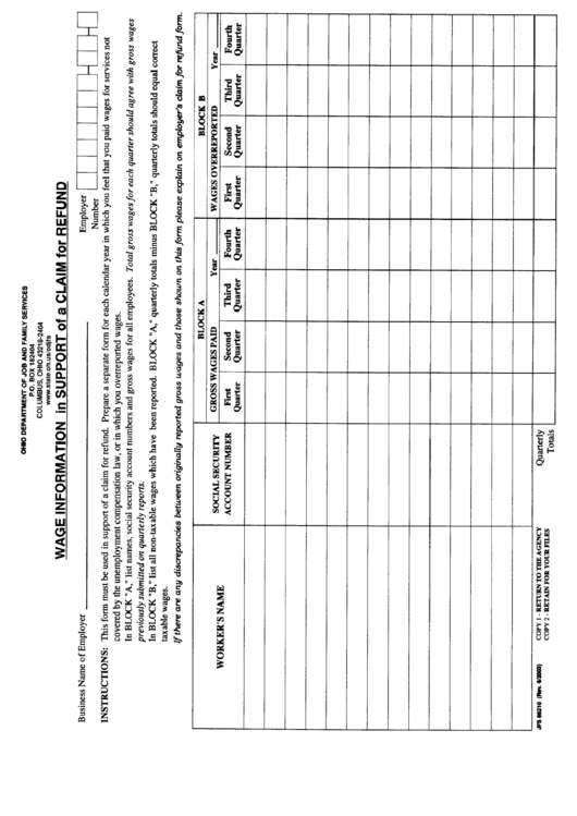 Form 66210 - Wage Information In Support Of A Claim For Refund - Ohio Departamet Of Job And Family Services Printable pdf