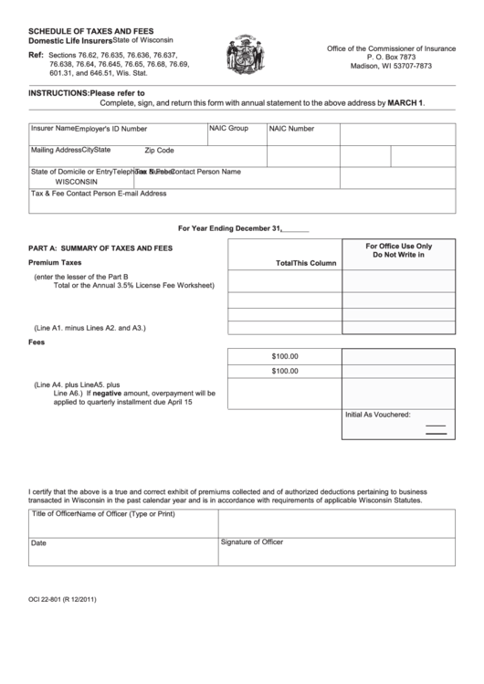 Form Oci 22-801 - Schedule Of Taxes And Fees Template - Wisconsin Printable pdf