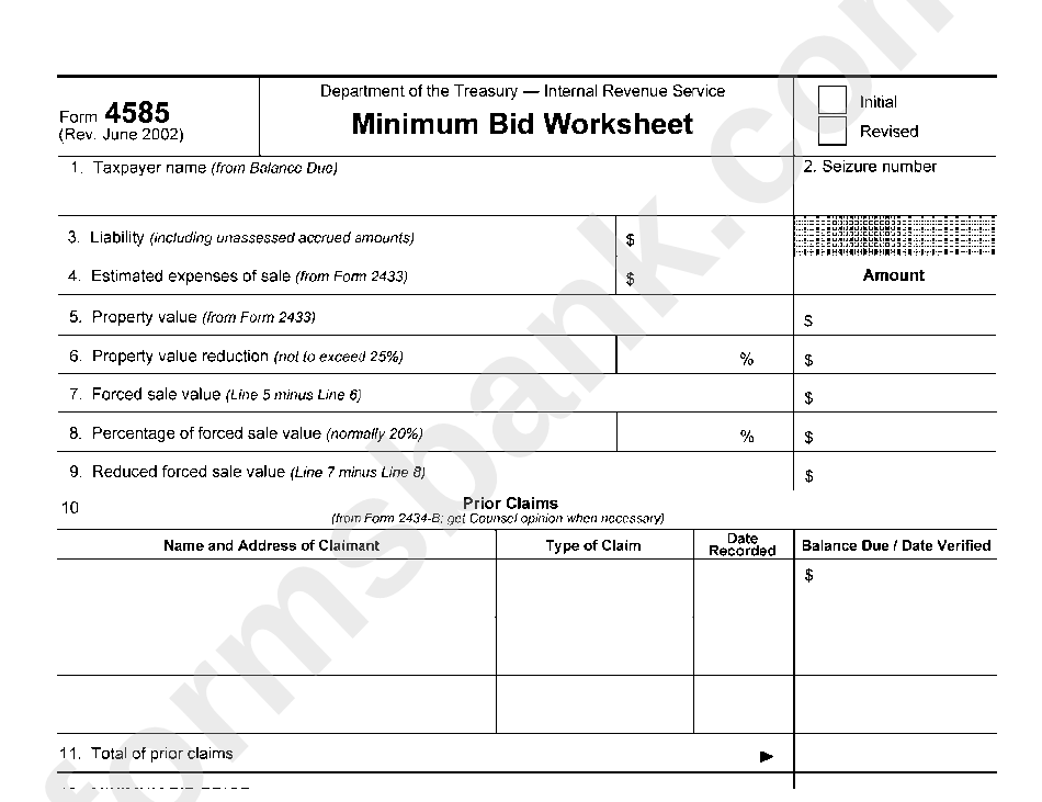 Form 4585 - Minimum Bid Worksheet - Department Of The Treasury - Internal Revenue Service