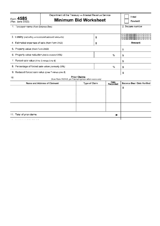 Form 4585 - Minimum Bid Worksheet - Department Of The Treasury - Internal Revenue Service Printable pdf