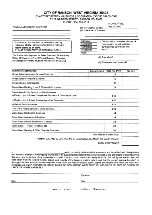Quarterly Return - Business And Occupation Tax - City Of Ranson, West Verginia 25438 Printable pdf