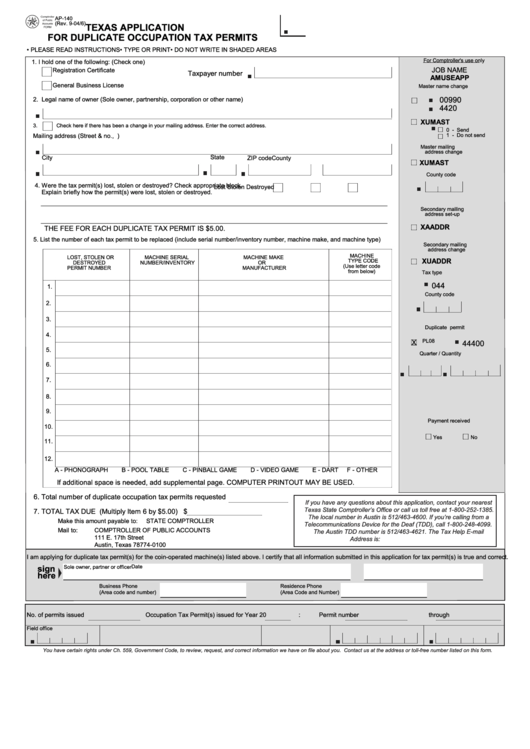 Fillable Form Ap-140 - Texas Application For Duplicate Occupation Tax Permits Printable pdf