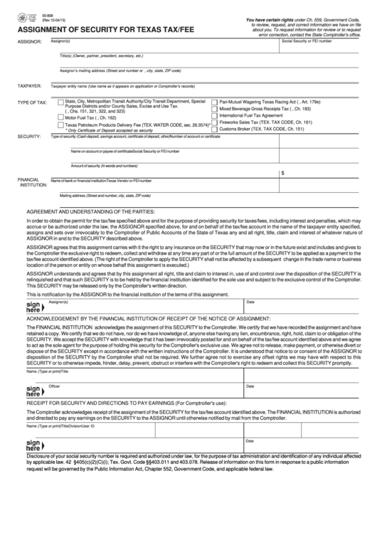 Fillable Form 00-808 - Assignment Of Security For Texas Tax/fee Printable pdf