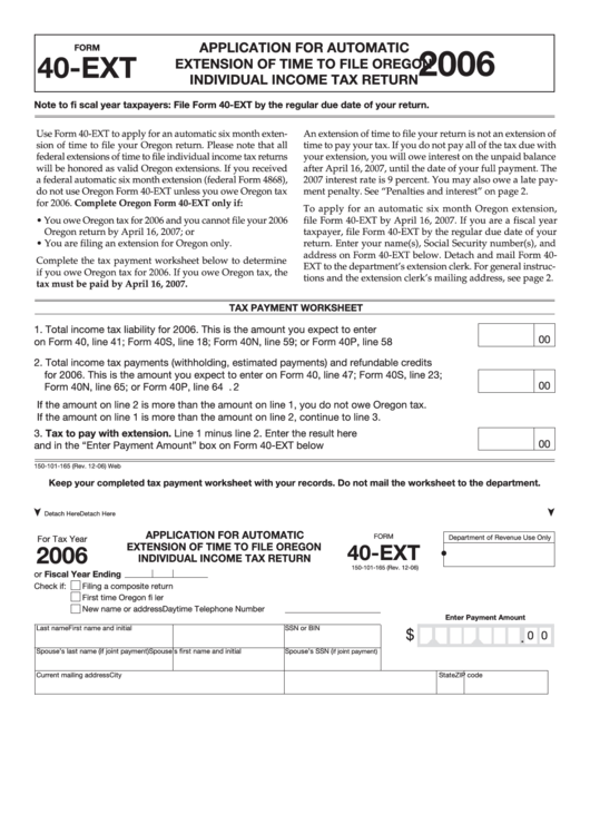 Fillable Form 40-Ext - Application For Automatic Extension Of Time To File Oregon Individual Income Tax Return - Oregon Printable pdf