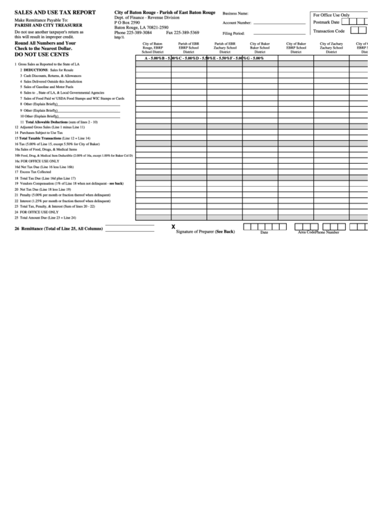 Sales And Use Tax Report Form - Baton Rouge - Louisiana Printable pdf