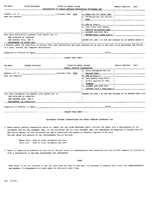 Form T69-Esps - Declaration Of Public Service Corporation Estimated Tax Printable pdf