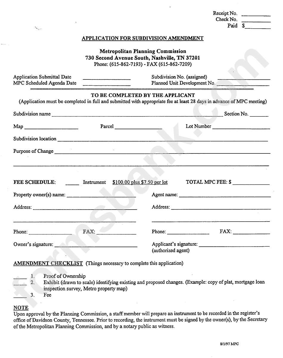 Application For Subdivision Amendment -Form - Metropolitan Planning Comission - Tennessee