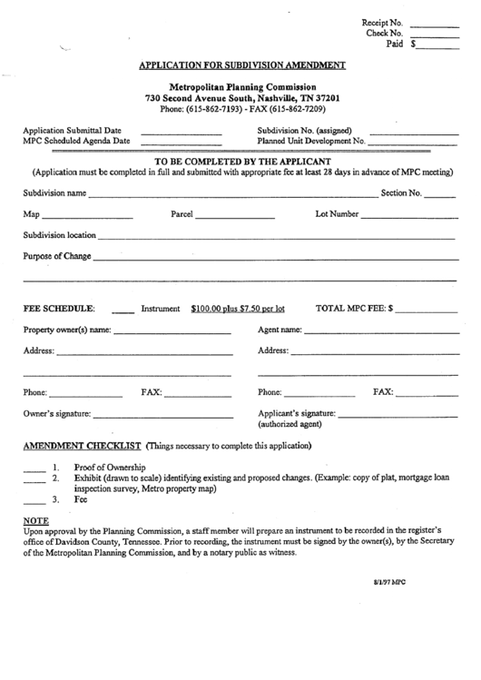 Application For Subdivision Amendment -Form - Metropolitan Planning Comission - Tennessee Printable pdf