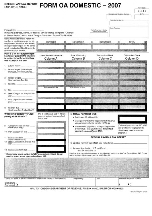 Form 132domestic-2007 - Oregon Annual Report Printable pdf