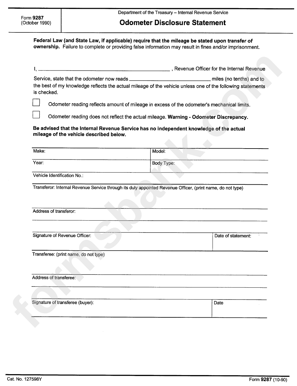 Form 9287 - Odometer Disclosure Statement - Departament Of The Treasury - Internal Revenue Service