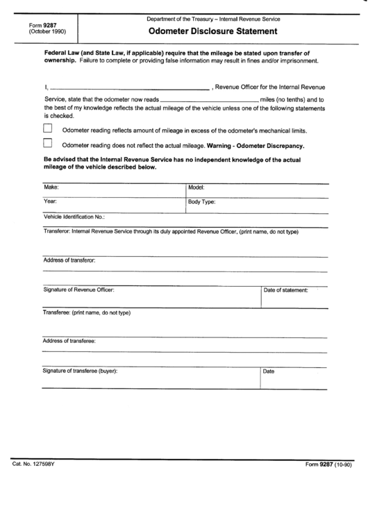 Form 9287 - Odometer Disclosure Statement - Departament Of The Treasury - Internal Revenue Service Printable pdf