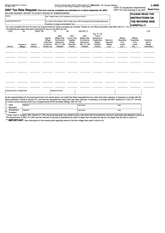 Fillable Form L-4029 - 2007 Tax Rate Request Printable pdf