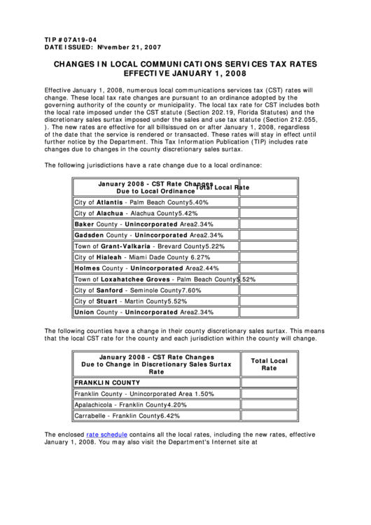 Changes In Local Communications Services Tax Rates Effective January 1, 2008 Printable pdf