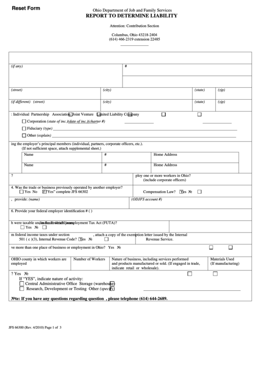 Fillable Form Jfs 66300 - Report To Determine Liability - Ohio Departament Of Job And Family Services Printable pdf