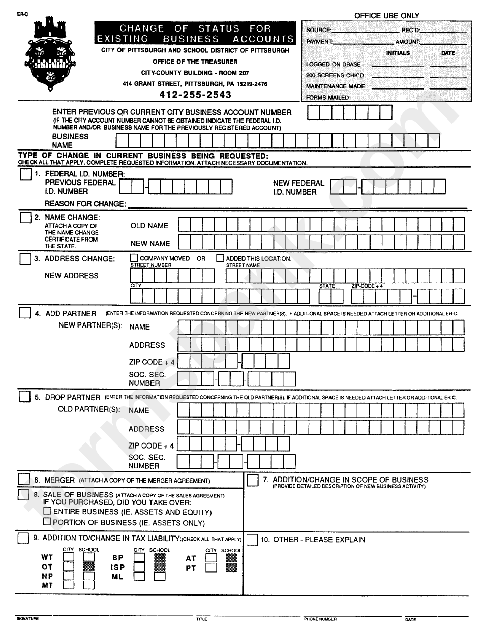 Form Er-C - Form For Change Of Status For Existing Business Acount - City Of Pittsburgh
