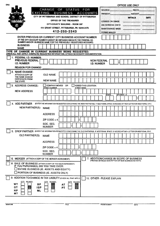 Form Er-C - Form For Change Of Status For Existing Business Acount - City Of Pittsburgh Printable pdf
