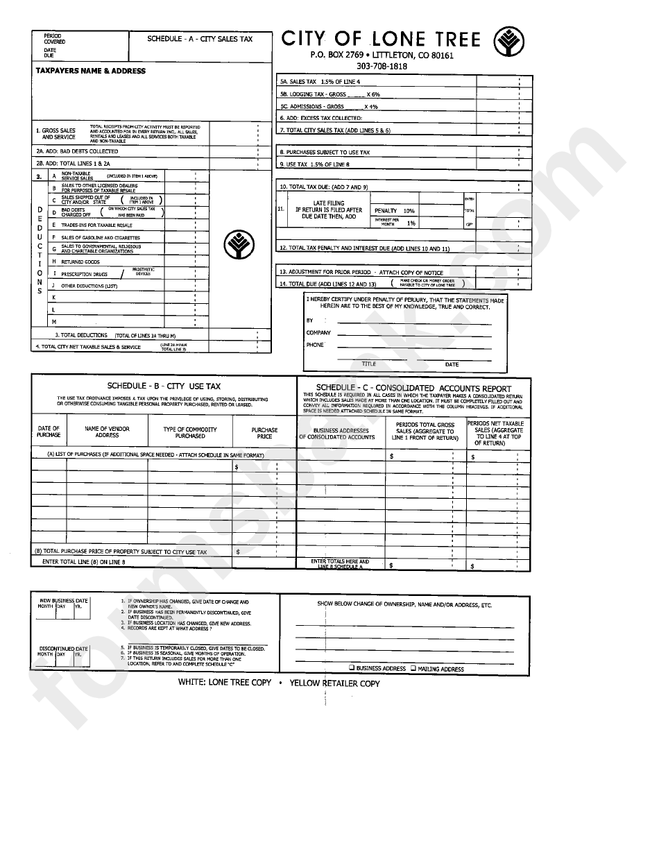 City Sales And Use Tax Form - City Of Lone Tree