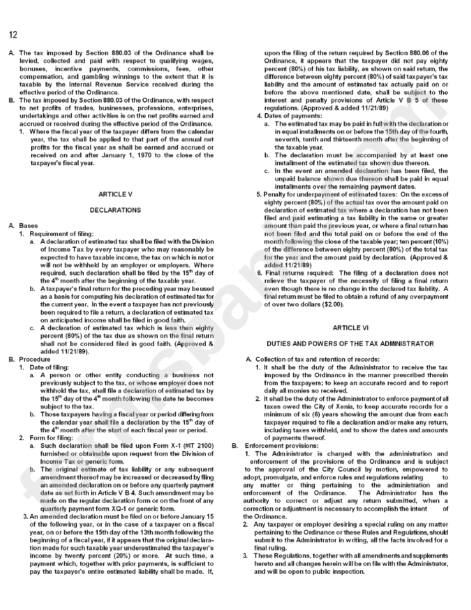 Income Tax Rules And Regulations Sheet - City Of Xenia - Ohio