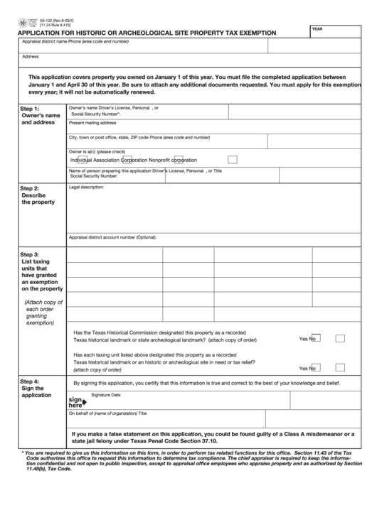 Fillable Form 50-122 Application For Historic Or Archeological Site Property Tax Exemption Printable pdf