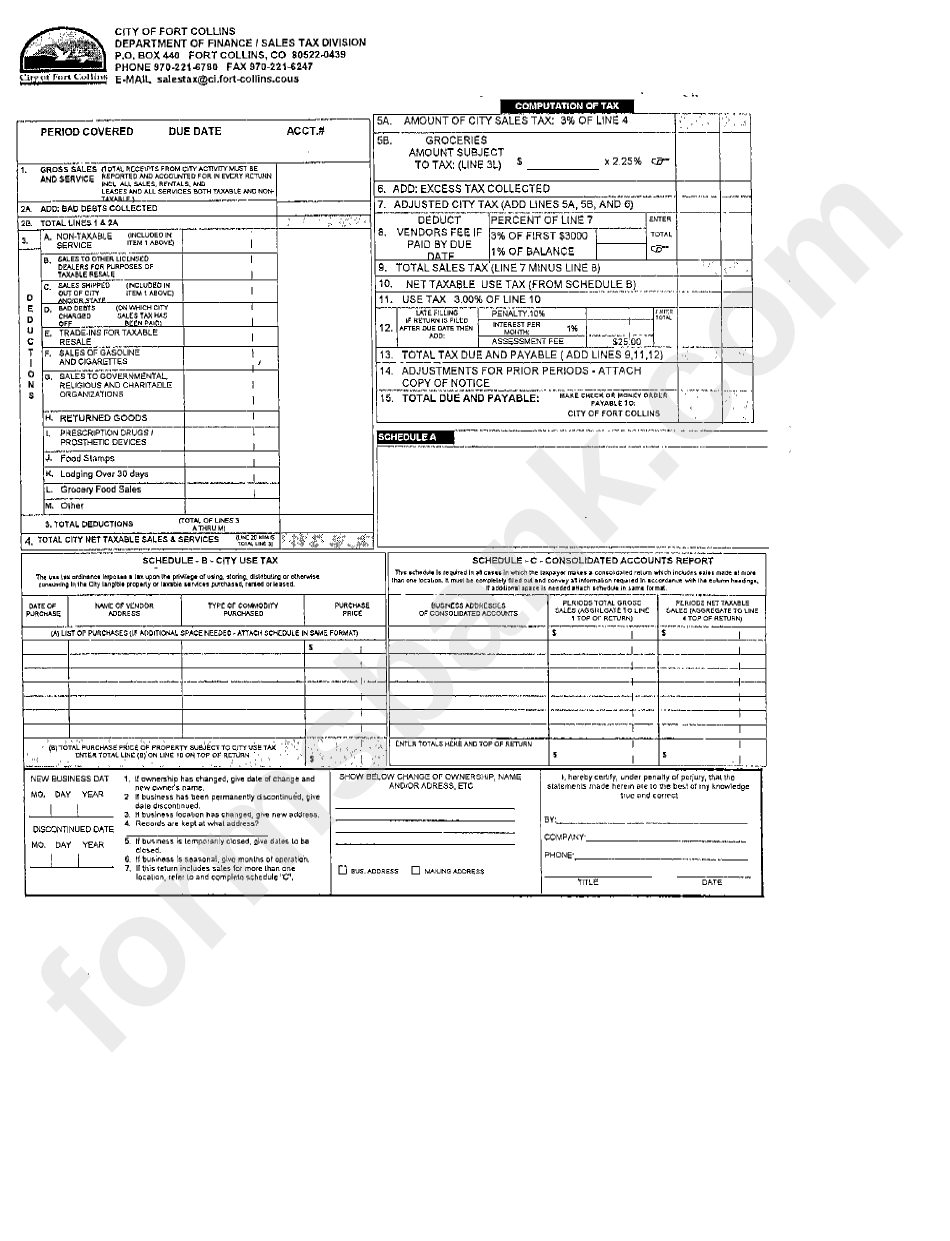 City Sales And Use Tax Form - City Of Fort Collins