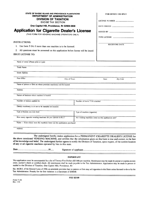 Form T-154 - Application For Cigarette Dealer