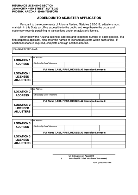 Addendum Form To Adjuster Application Printable pdf