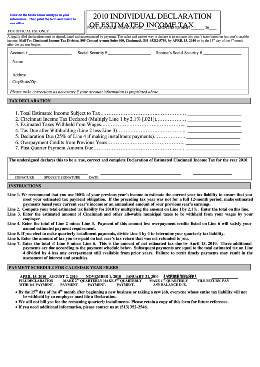 Form D1 2010 Individual Declaration Of Estimated Tax