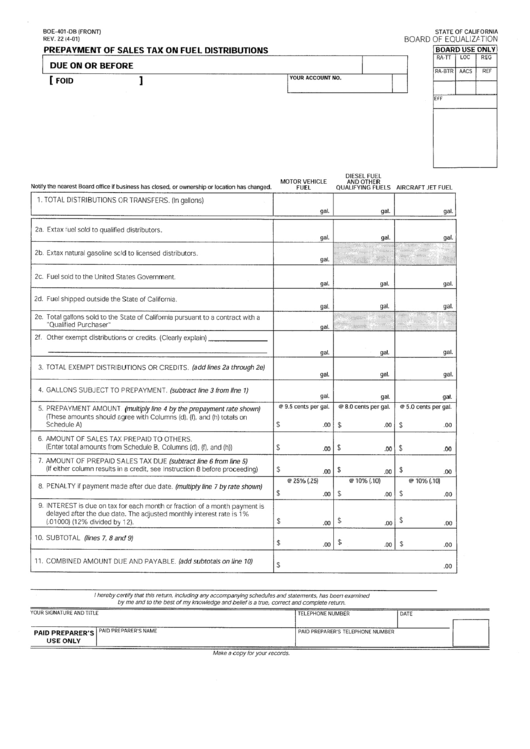 Form Boe-401-Db - Prepayment Of Sales Tax On Fuel Distributions Printable pdf