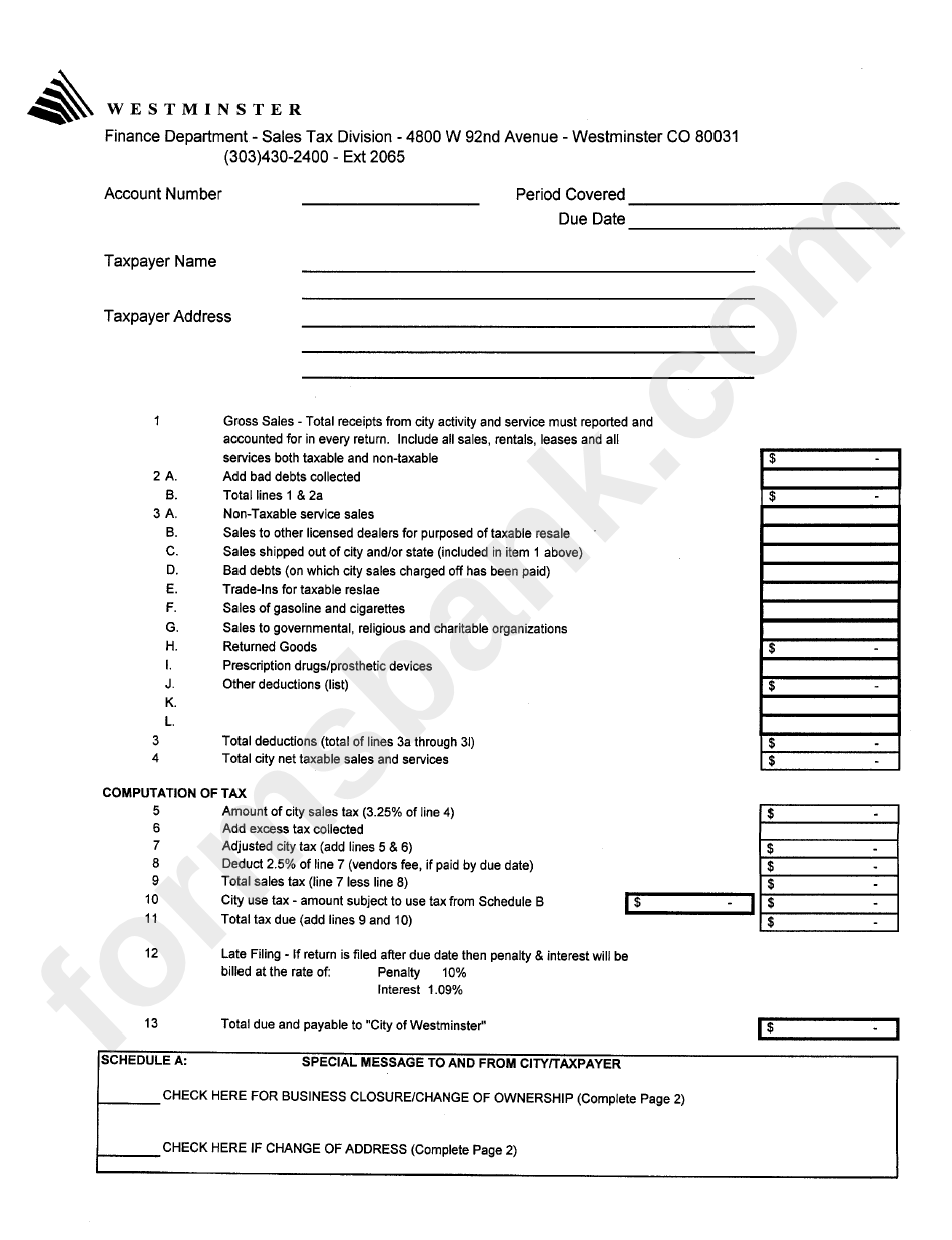 City Sale And Use Tax Form - Westminster