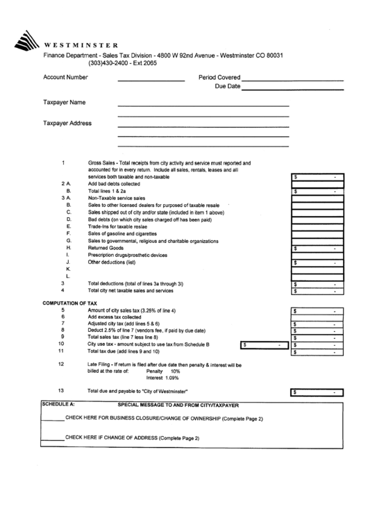 City Sale And Use Tax Form - Westminster Printable pdf